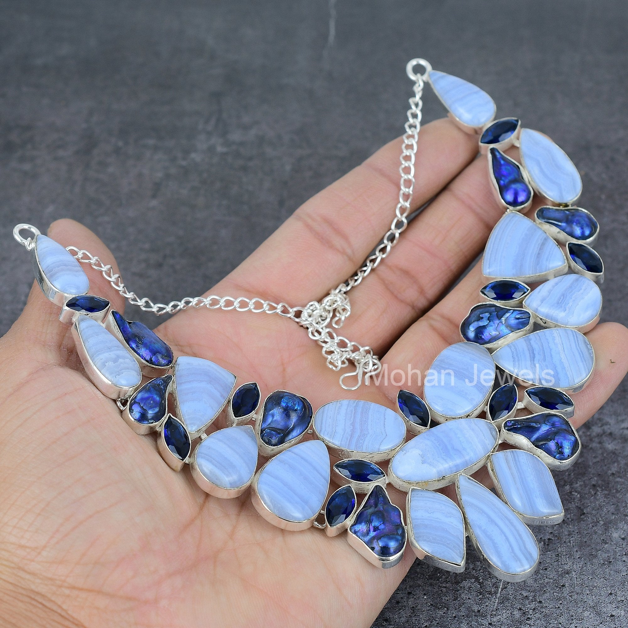 Blue Lace Agate Necklace, Silver Plated Necklace, Gemstone Necklace, Blue Lace Agate Vintage Necklace, Titanium Pearl Jewelry