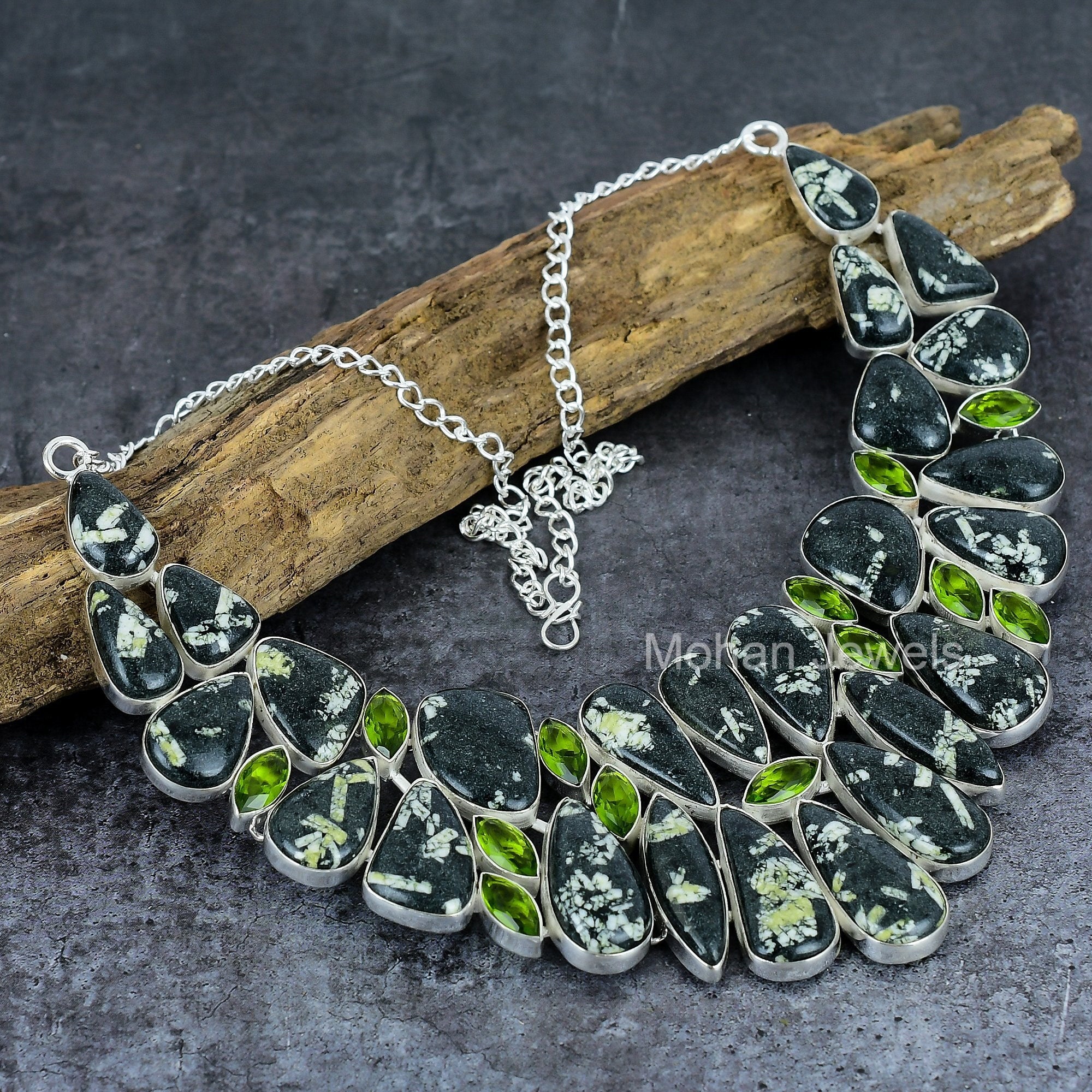 Chinese Writing Gemstone Necklace, Chinese Writing Bib Necklace, Silver Plated Jewelry, Emotional Healing Jewelry, Peridot Necklace