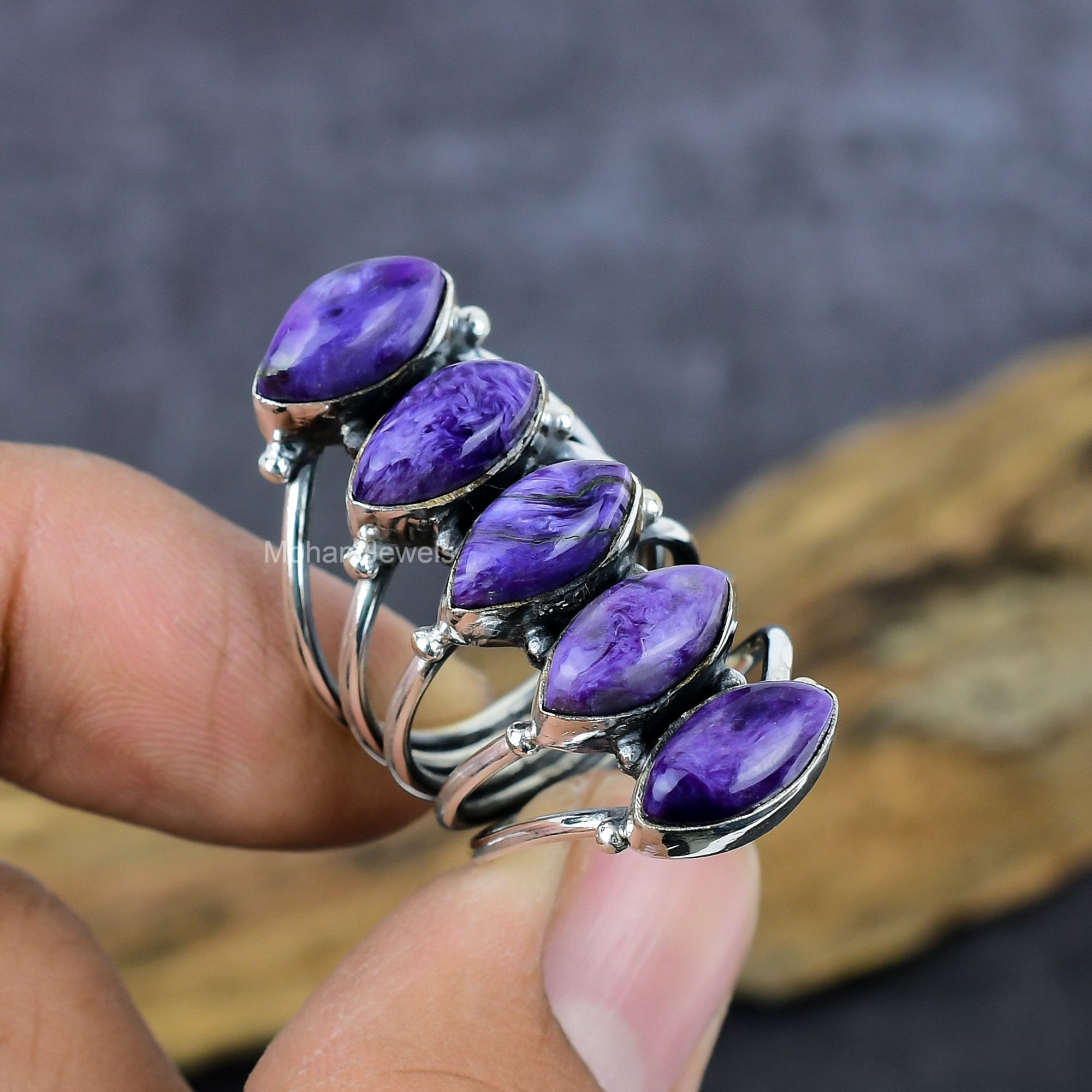 Purple Charoite Gemstone Ring, Silver Plated Antique Ring, Handmade Full Finger Ring, Marquise Stone Ring, Birthday Gift Jewelry