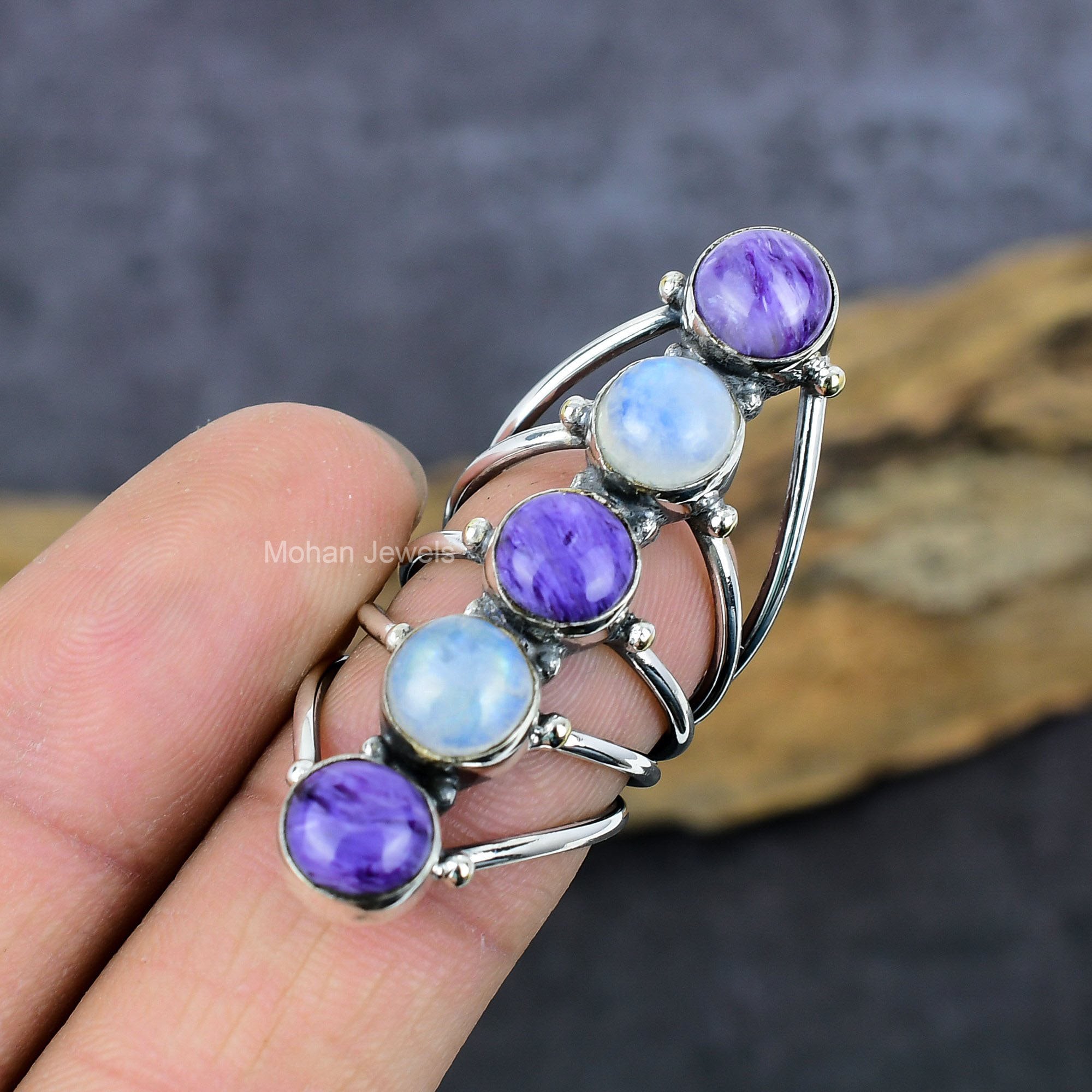 Purple Charoite Gemstone Ring, Silver Plated Moonstone Ring, Handmade Full Finger Ring, Round Stone Ring, Anniversary Gift Jewelry