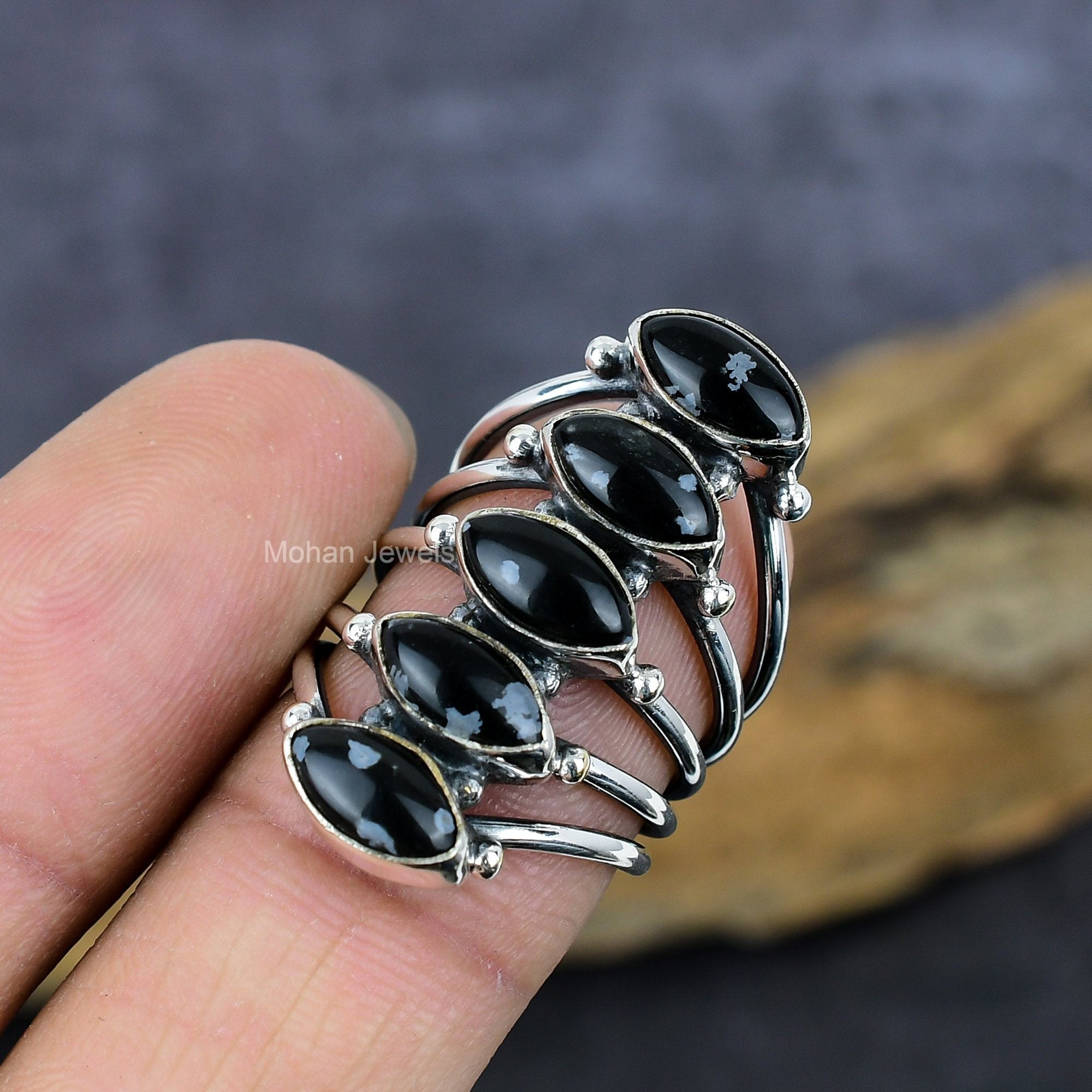 Obsidian Gemstone Ring, Silver Plated Snowflake Ring, Handmade Full Finger Ring, Marquise Stone Ring, Healing Crystal Jewelry