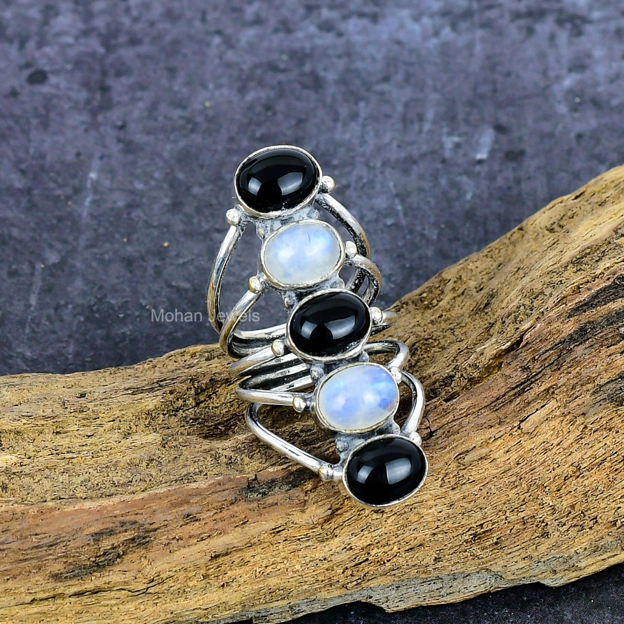 Black Onyx Gemstone Ring, Silver Plated Rainbow Moonstone Ring, Oval Stone Ring, Unique Bohemian Jewelry, Birthstone Ring