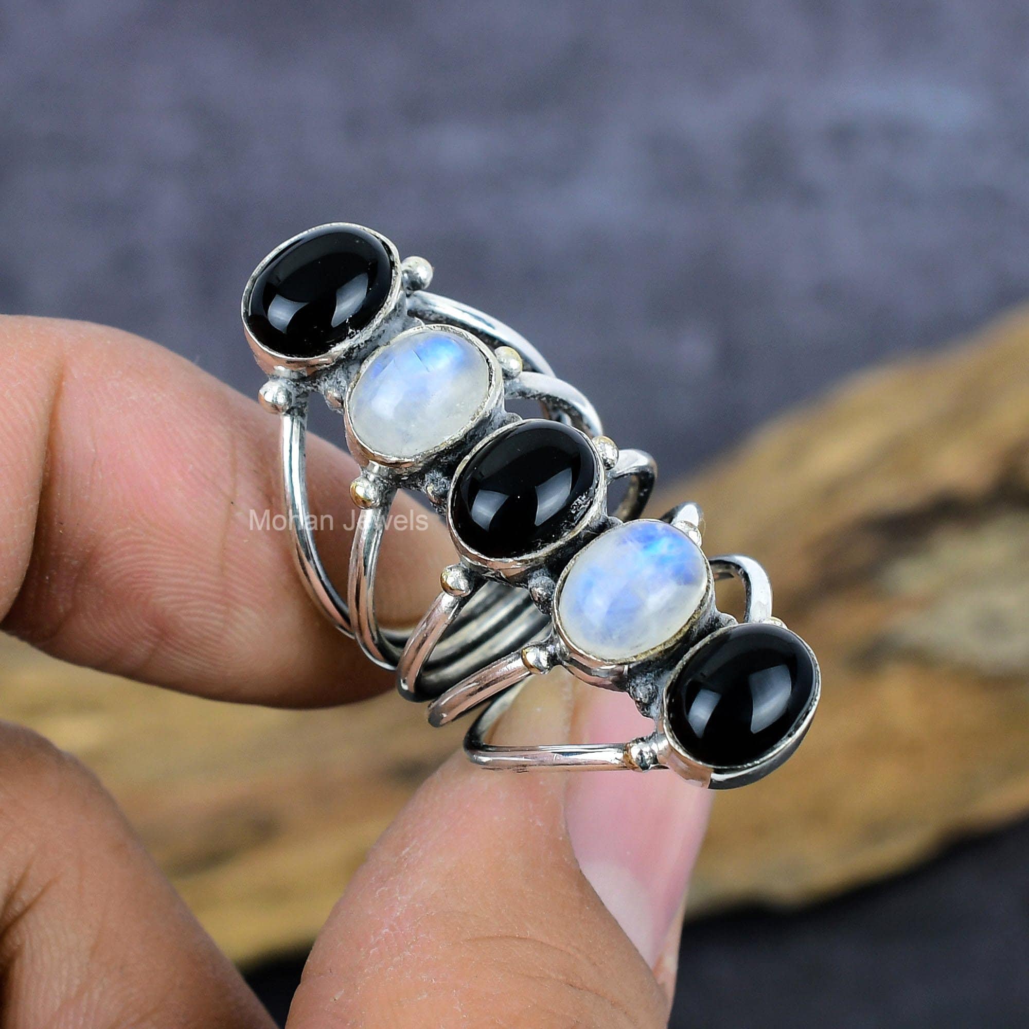 Black Onyx Gemstone Ring, Silver Plated Rainbow Moonstone Ring, Oval Stone Ring, Unique Bohemian Jewelry, Birthstone Ring