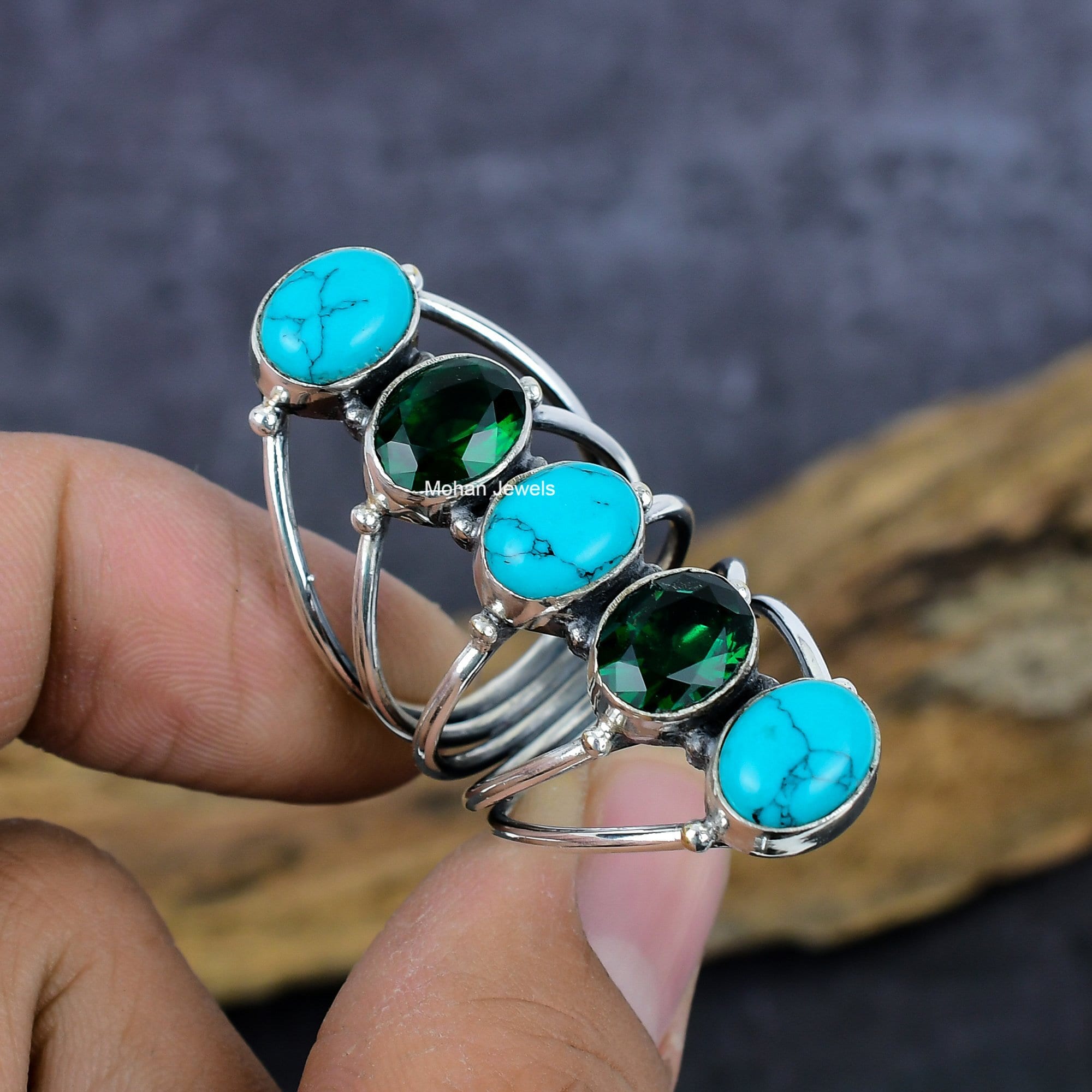 Turquoise Gemstone Ring, Chrome Diopside Silver Plated Ring, Tibetan Turquoise Jewelry, Multi Stone Ring, Wedding Gift for her