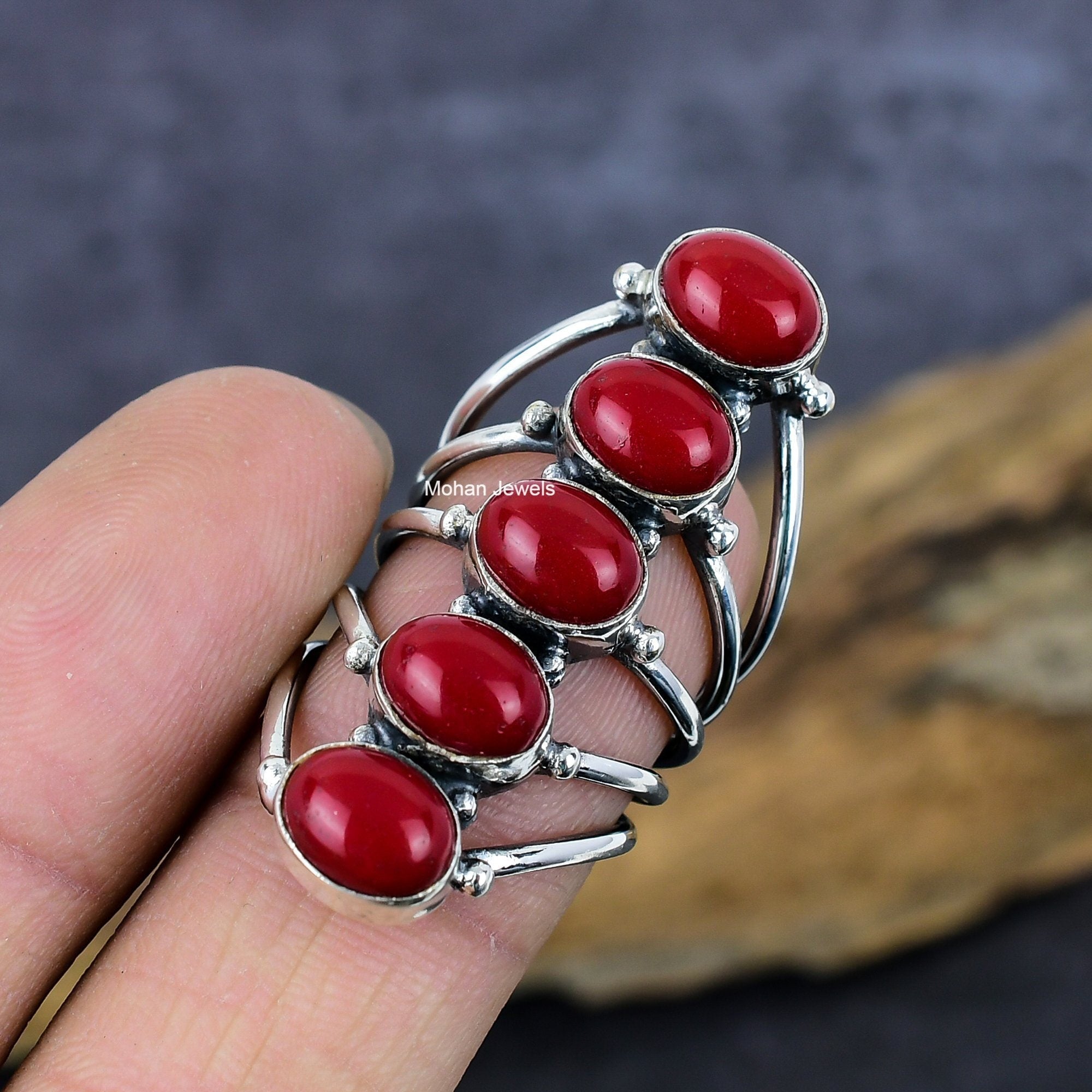 Coral Gemstone Ring, Blood Red Coral Ring, Handmade Silver Plated Ring, Oval Stone Ring, Healing Crystal Birthstone Jewelry