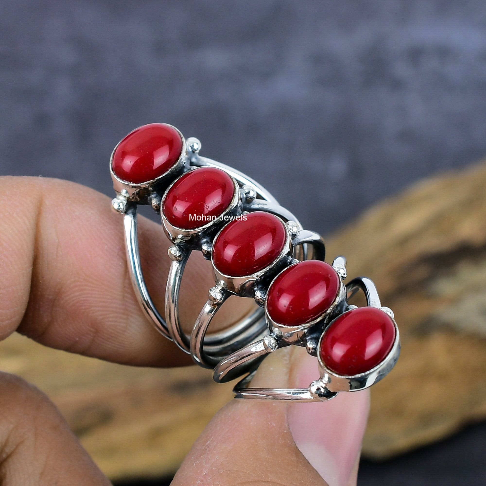 Coral Gemstone Ring, Blood Red Coral Ring, Handmade Silver Plated Ring, Oval Stone Ring, Healing Crystal Birthstone Jewelry