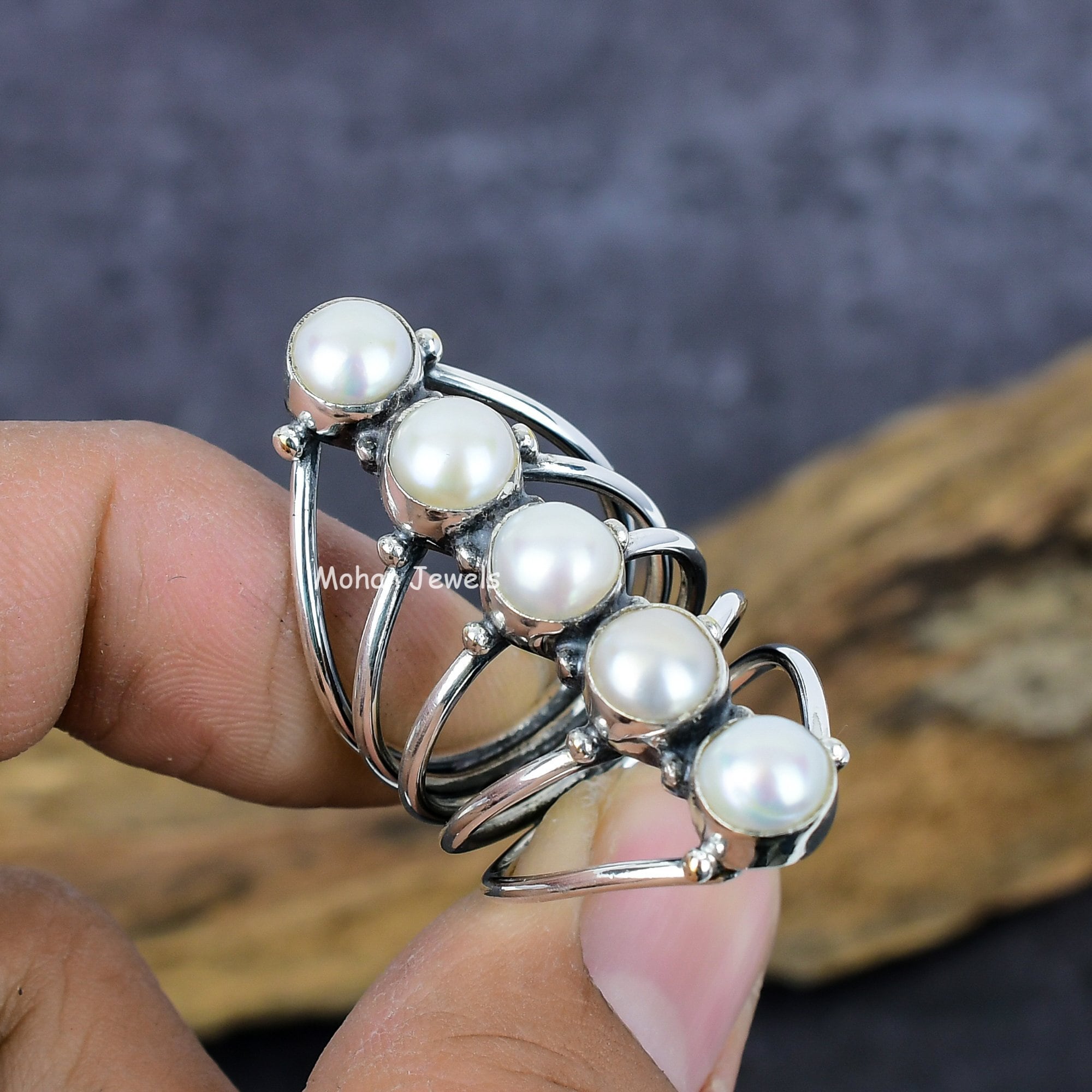 Pearl Gemstone Ring, Handmade Silver Plated Birthstone Ring, River Pearl Ring, Fresh water Pearl Ring, Anxiety Ring