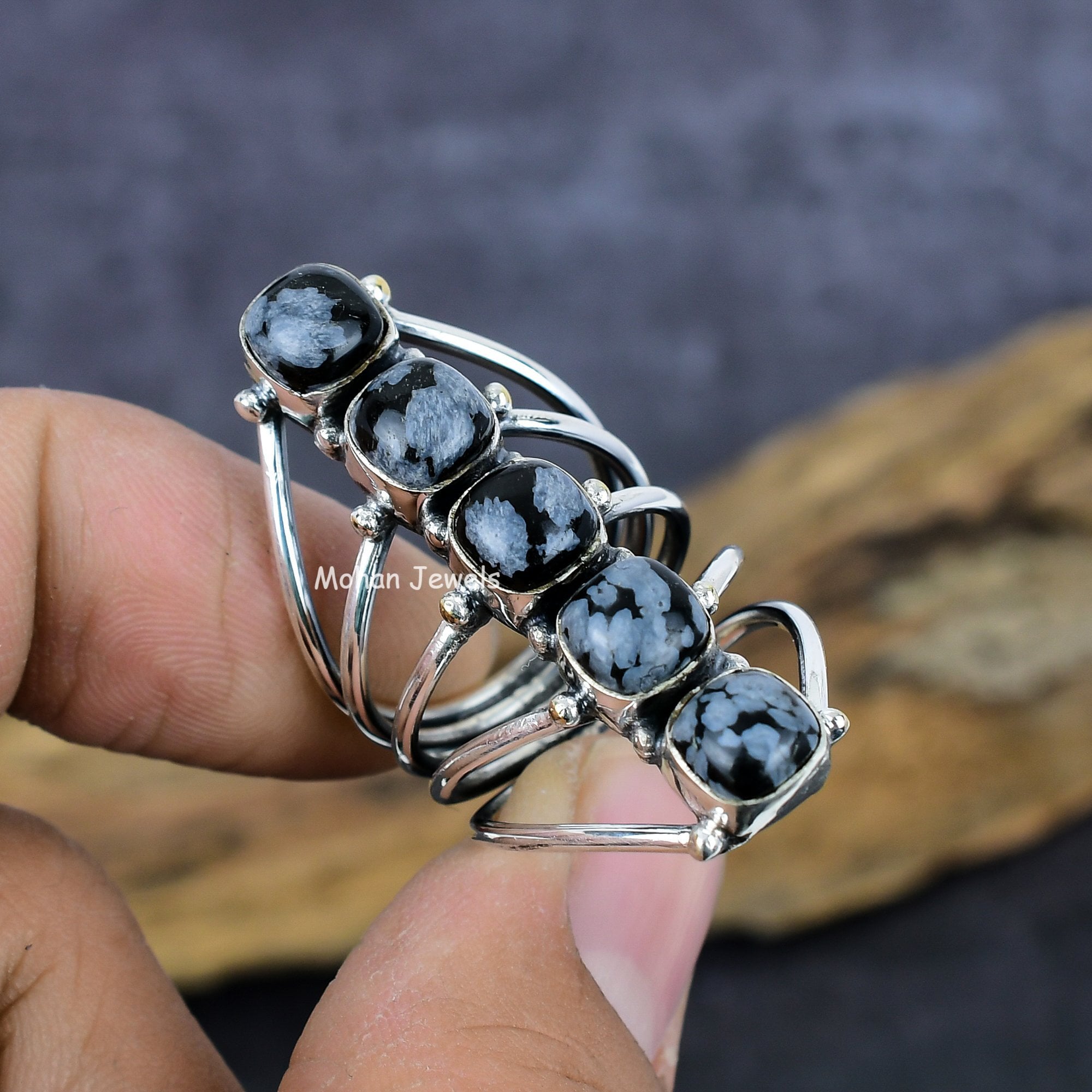 Obsidian Gemstone Ring, Handmade Silver Plated Boho Ring, Snowflake Ring, Snowflake Obsidian Ring, Cushion Stone Ring