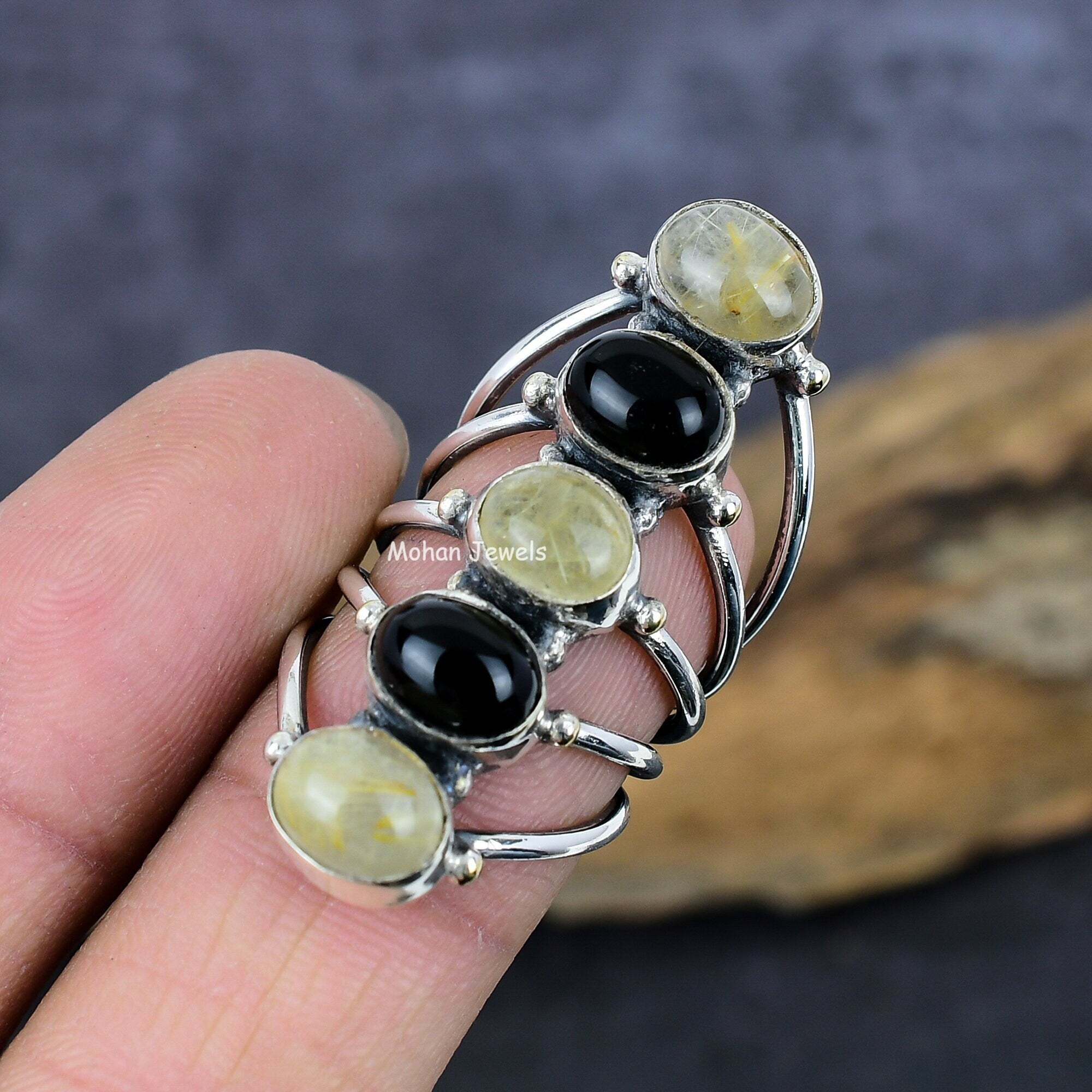 Golden Rutile Ring, Black Onyx Ring, Silver Plated Gemstone Ring, Rutile Quartz Silver Ring, vintage ring, Anniversary Gift for Her