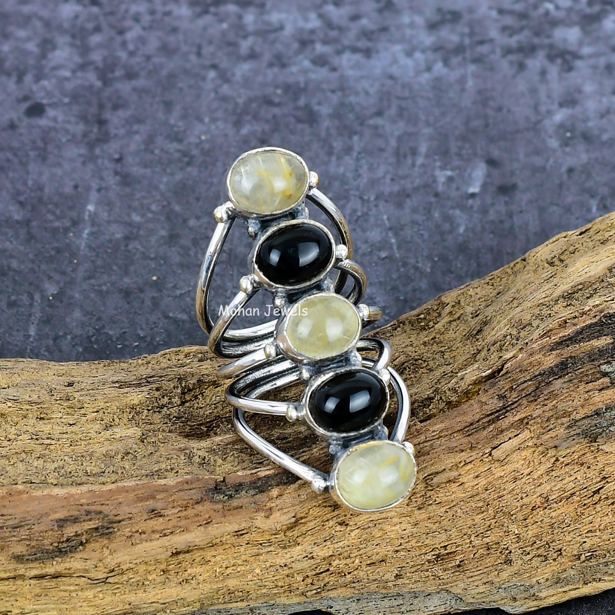 Golden Rutile Ring, Black Onyx Ring, Silver Plated Gemstone Ring, Rutile Quartz Silver Ring, vintage ring, Anniversary Gift for Her