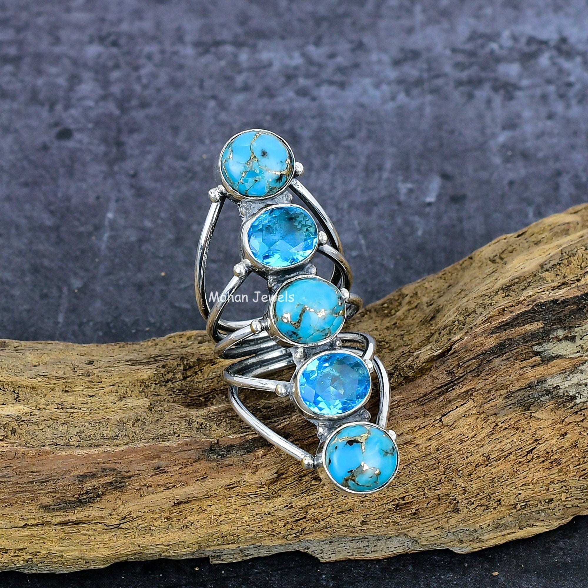 Copper Blue Turquoise  Ring, Blue Topaz Ring, Silver Plated Gemstone Ring, Turquoise Silver Ring, vintage ring, Anniversary Gift