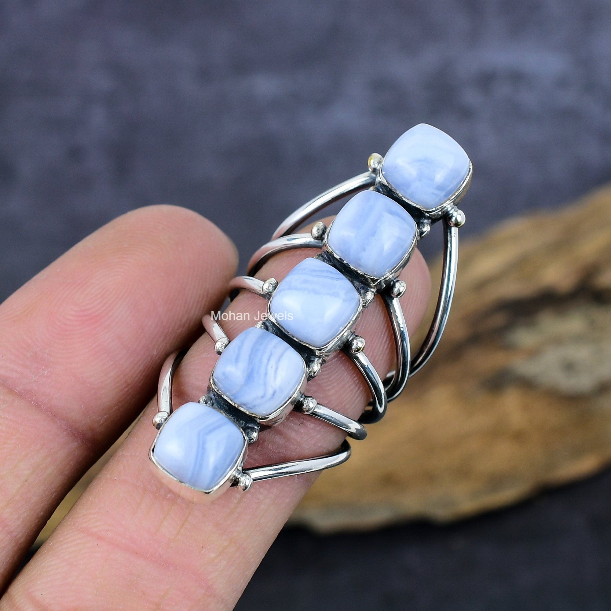 Agate Silver Ring, Blue Lace Agate Gemstone Ring, Silver Plated Dainty Ring, Blue Lace Agate Cushion Ring, Boho Ring, Gift for Mom