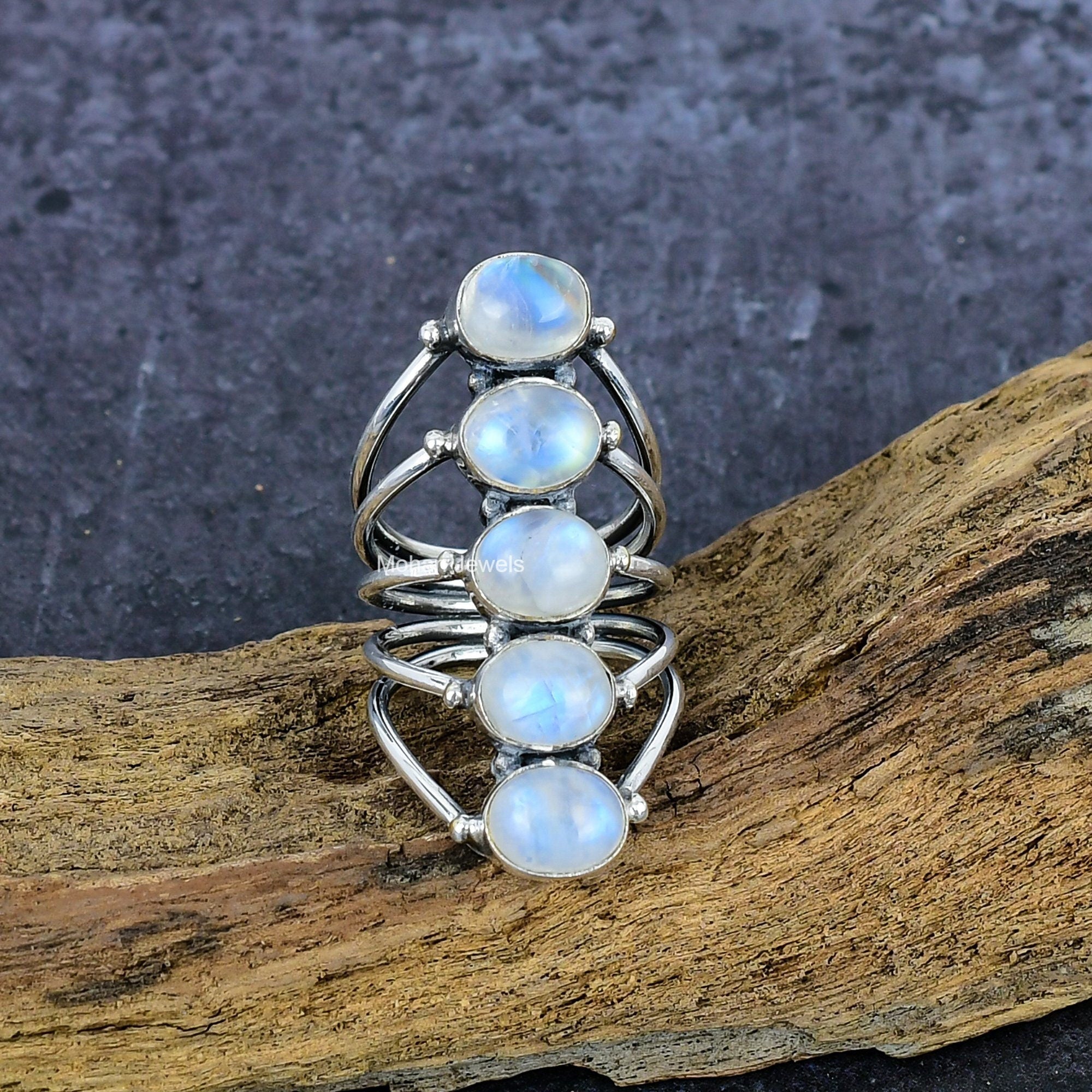 Moonstone Silver Ring, Rainbow Moonstone Gemstone Ring, Silver Plated Boho Ring, Rainbow Moonstone Oval Ring, Birthstone Ring